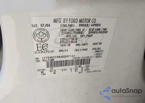 2004 Ford F350 Srw Super Duty z USA, uszkodzony, nr VIN 1FTSW31P84ED97132